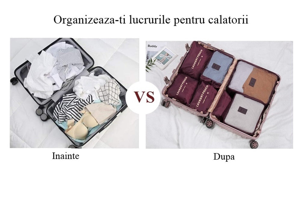 Set 6 Huse - Genti Organizatoare pentru Voiaj, 3 Plicuri si 3 Organizatoare, Visiniu