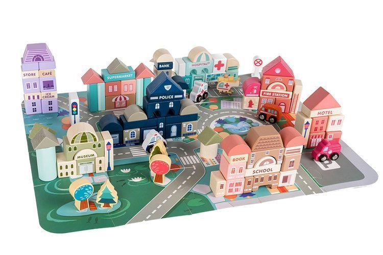 Fa oktatási játék, város 115 blokkkal, méretek 54 x 42 cm, többszínűek