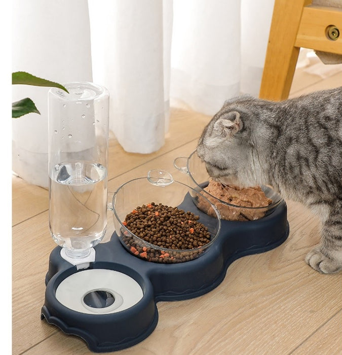Двойна купа за дозатор за храна и вода за котки, 0,5 L резервоар, наклон от 15 градуса, сиво