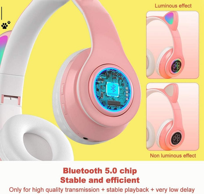 Безжични слушалки за деца и възрастни, котешки уши, RGB LED светлини