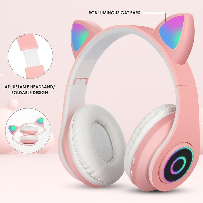 Vezeték nélküli fejhallgató gyermekek és felnőttek számára, macska fülek, RGB LED -es lámpák
