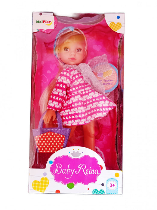 Papusa Baby Reina cu rochita roz cu alb, MalPlay, 24 cm