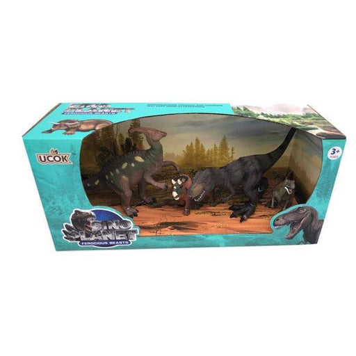 Set 4 dinozauri - T-Rex, Velociraptor, Parasaurolophus si pui de Triceratops