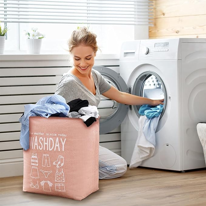Сгъваема кошница за съхранение за пране или играчки, капацитет 70 L, полиестер, бледо розово