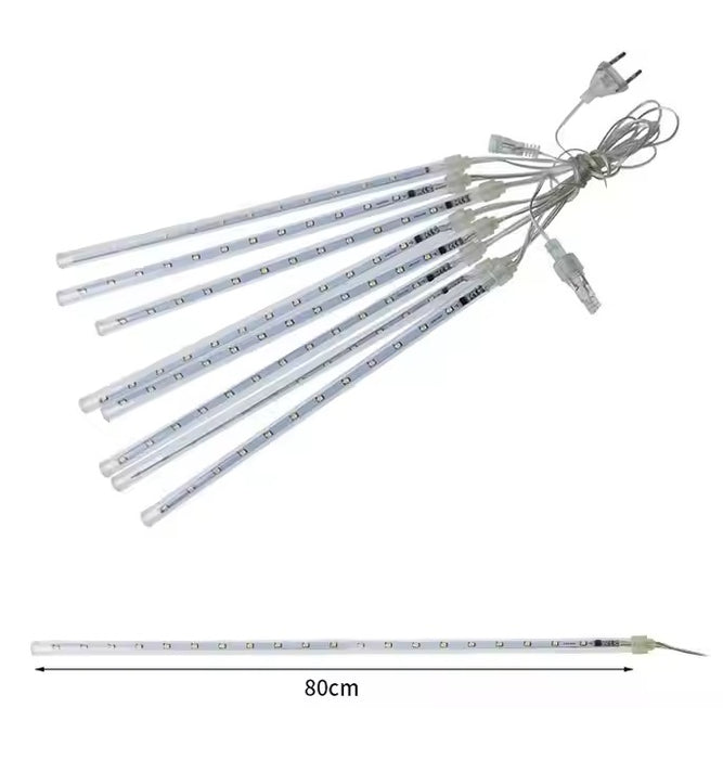 Beállítva 2 karácsonyi fénybeállítással, 8 meteorral, 4 m hosszú telepítéssel, 80 cm hosszú meteorral, meleg/hideg, kék vagy többszínű fény