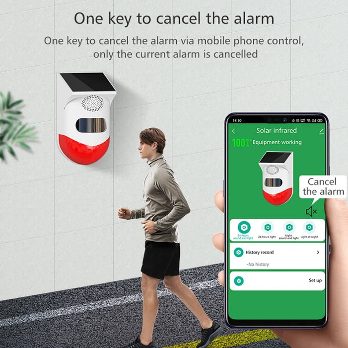 Аларма с PIR детектор за движение, слънчево натоварване или USB, IP65, с дистанционно управление, приложение от приложението, бяло-червено