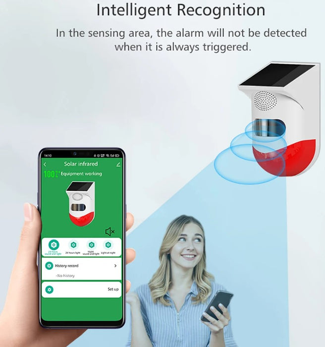 Συναγερμός με ανιχνευτή κίνησης PIR, ηλιακό φορτίο ή USB, IP65, με τηλεχειριστήριο, εφαρμογή από την εφαρμογή, White-Red