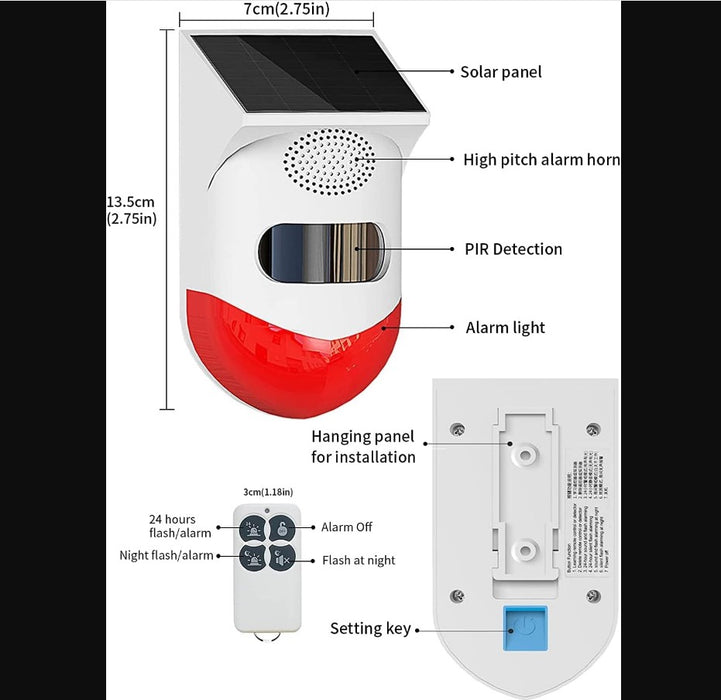 Alarma cu detector de miscare PIR, incarcare solara sau USB, IP65, cu telecomanda, control din aplicatie, alb-rosu