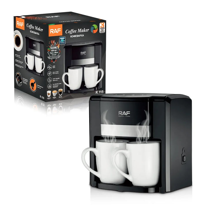 Aparat Electric de Facut Cafea, RAF R115A, Putere 1000W, cu 2 Cesti de 420ml Fiecare, Negru-Argintiu