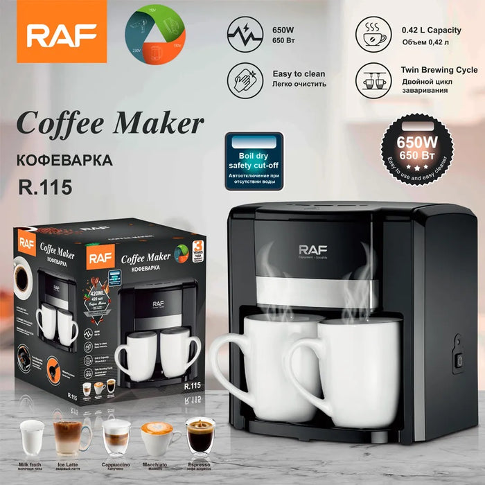 Aparat Electric de Facut Cafea, RAF R115A, Putere 1000W, cu 2 Cesti de 420ml Fiecare, Negru-Argintiu