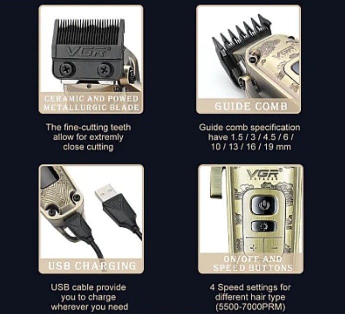 Wireless Trimmer, VGR V-005, μεταλλικό περίβλημα, 8 αποστάσεις, λεπίδα από ανοξείδωτο χάλυβα, χρυσό