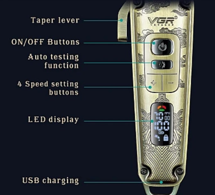 Wireless Trimmer, VGR V-005, μεταλλικό περίβλημα, 8 αποστάσεις, λεπίδα από ανοξείδωτο χάλυβα, χρυσό