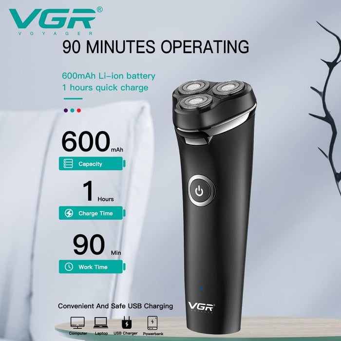 VGR VGR V-319 IPX6 Electric Razor, USB зареждане, работи на UD или сухо, безжично, с 3 въртящи се остриета, черни