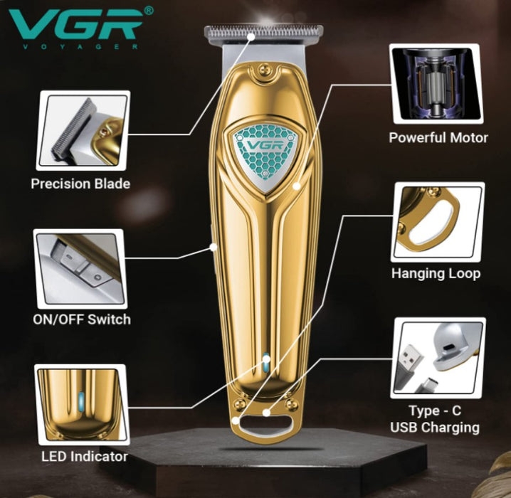 VGR VGR V9111 Trimmer, Wireless, Portable, με 4 αποστάσεις, βούρτσα καθαρισμού και λάδι, χρυσό