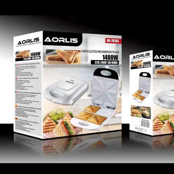 Aparat electric pentru sandwich-uri patrate sau triunghiulare, 1400W, Aorlis AO78243, alb