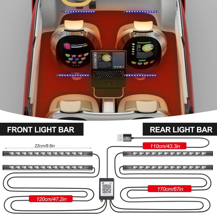 LED автомобилна лента с контрол на приложението, RGB цветове, околни светлини вътре в колата