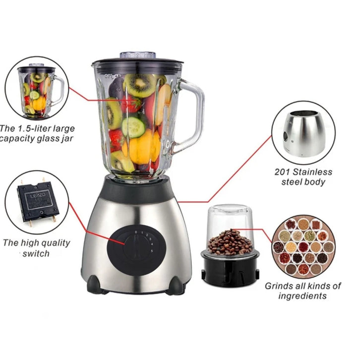 Blender 2 in 1 cu rasnita de cafea, 2200W, 5 viteze, 1.5L, carcasa din inox si ABS, bol din sticla, negru-argintiu