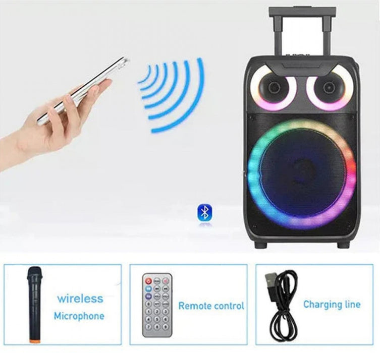 Boxa portabila LED cu bluetooth, FM, USB, SD Card, AUX, microfon si telecomanda, negru