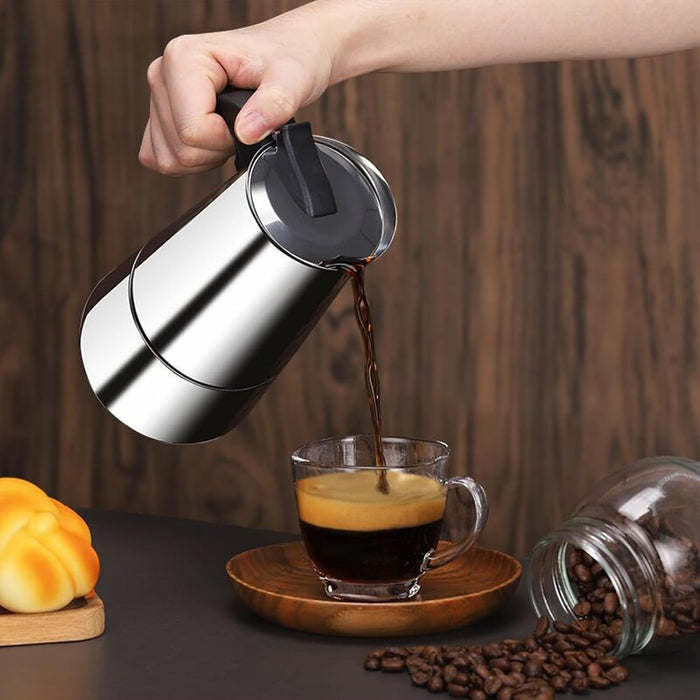 Cafetiera inox pentru aragaz, capacitate 6 cesti 300ml, argintiu