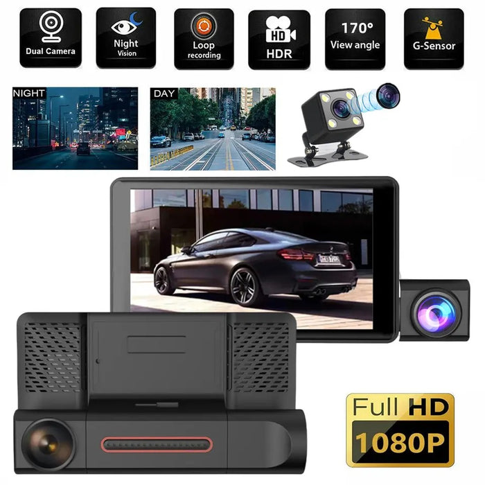 Camera Tripla Auto DVR, Display 4", Full HD 1080p, Unghi de 170°, Negru