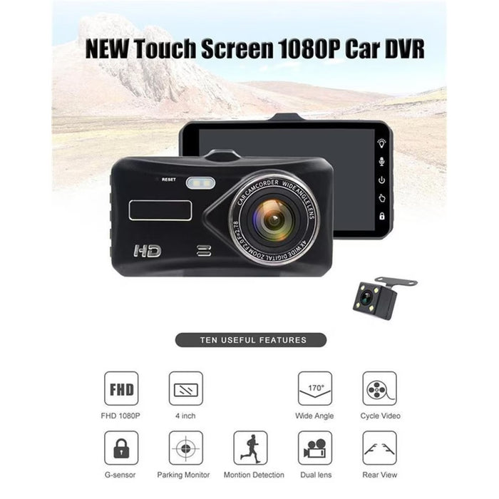 Camera auto DVR, Ecran 4", Dual Lens, Full HD, 170°, Night Vision, G Senzor, Detectie Miscare, Monitor Parcare, Negru