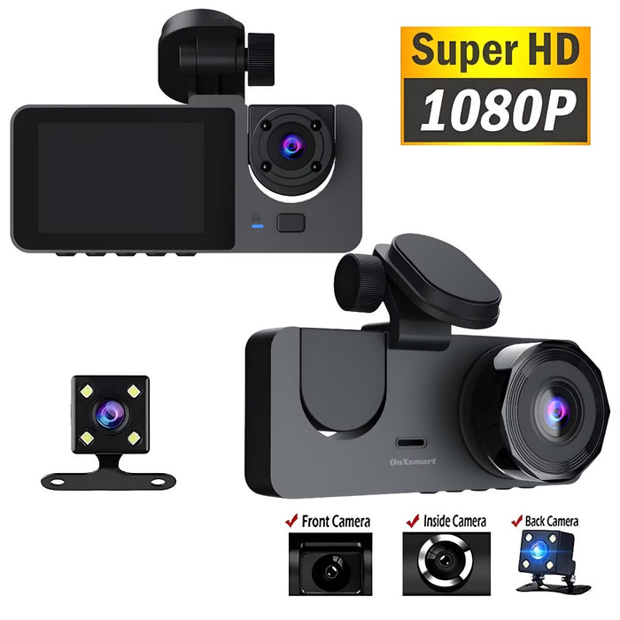 Camera auto DVR tripla, Full-HD, Ecran IPS 2.35", 170°, WDR, Senzor Miscare, G-senzor, Negru