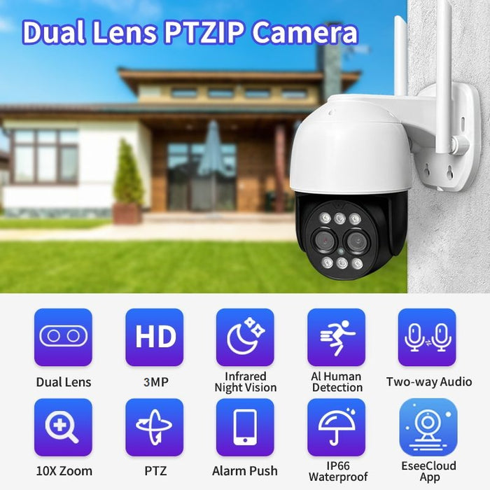 CCTV PTZ IP WiFi 3MP, пълен HD, човешки сензор, аларма, бяло с черно