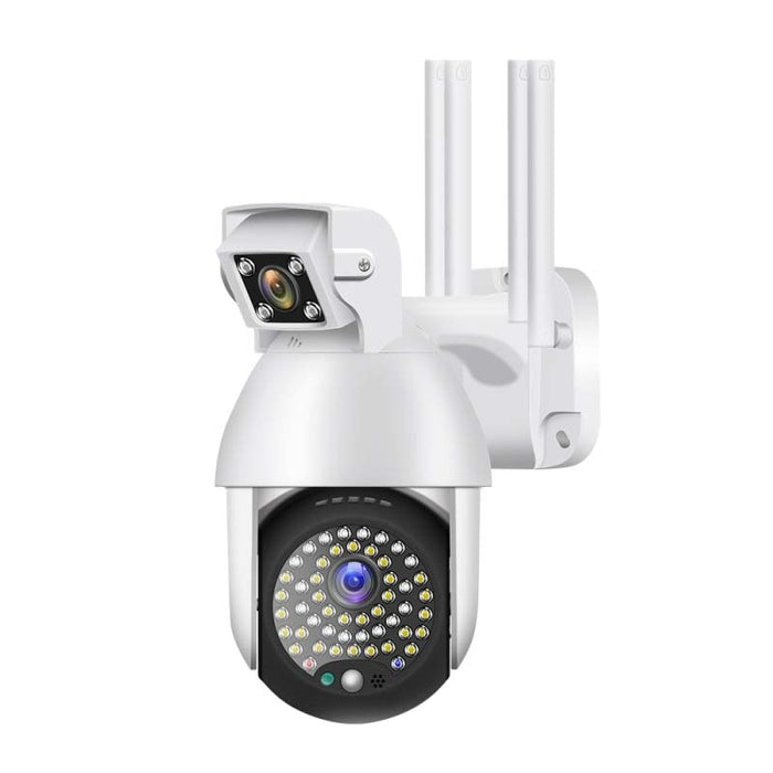 Camera de supraveghere IP PTZ duala, wireless, 320°, 1080P, IR+LED, pentru exterior, senzor miscare, alarma, alb