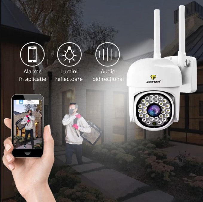 Camera de supraveghere WiFi, 2MP, Full HD, de exterior sau interior, cu alarma, senzor de miscare, IR, microfon, difuzor, alb