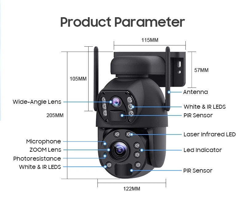 Η διπλή, εξωτερική κάμερα παρακολούθησης, Bluetooth, 10x οπτικό ζουμ, νυχτερινή όραση, IP66