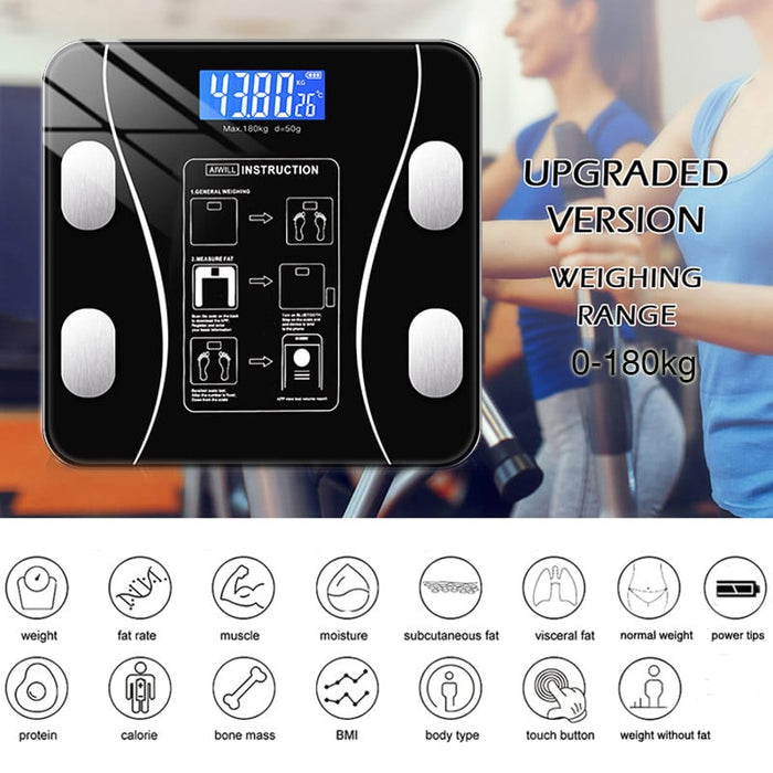 Cantar corporal inteligent, cu diagnostic si termometru, USB, Bluetooth, App pentru fitness, din sticla securizata, LCD, negru