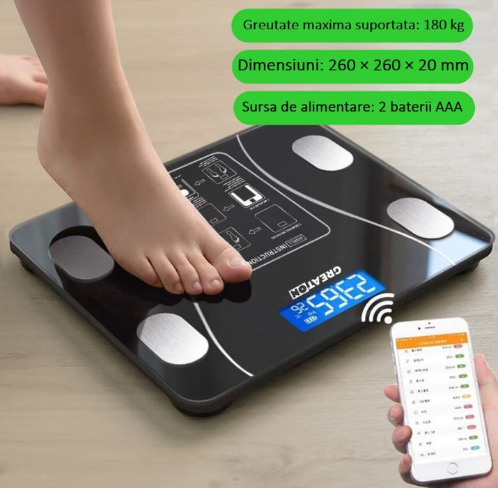 Cantar corporal inteligent, cu diagnostic si termometru, USB, Bluetooth, App pentru fitness, din sticla securizata, LCD, negru