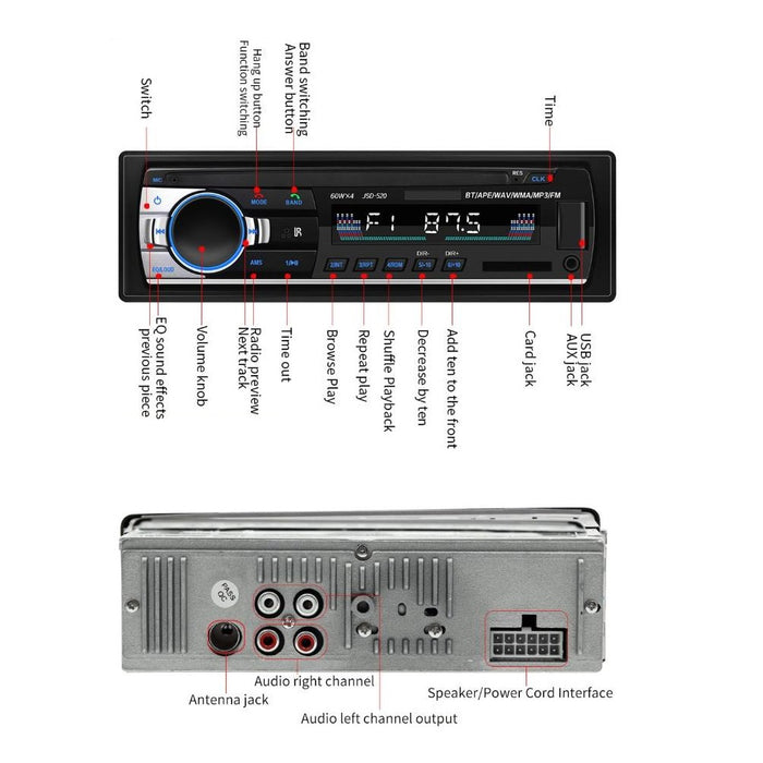 Casetofon Auto, 4x60W cu Bluetooth, Telefon, Radio, MP3, AUX, Slot Card MicroSD, Telecomanda, Negru