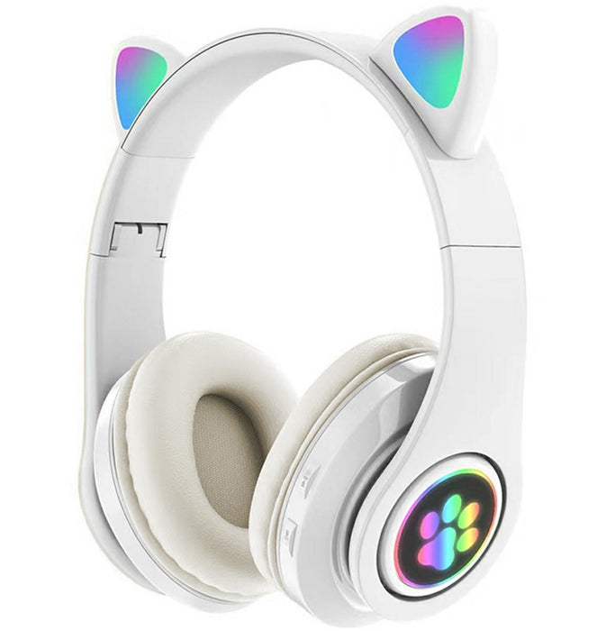 Casti On-Ear bluetooth 5.0, fara fir, cu urechi de pisica si lumina LED RGB, Alb