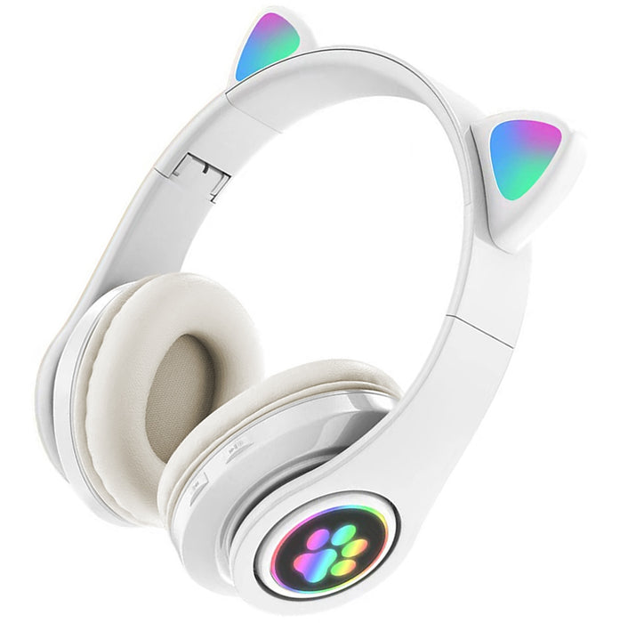 Casti On-Ear bluetooth 5.0, fara fir, cu urechi de pisica si lumina LED RGB, Alb