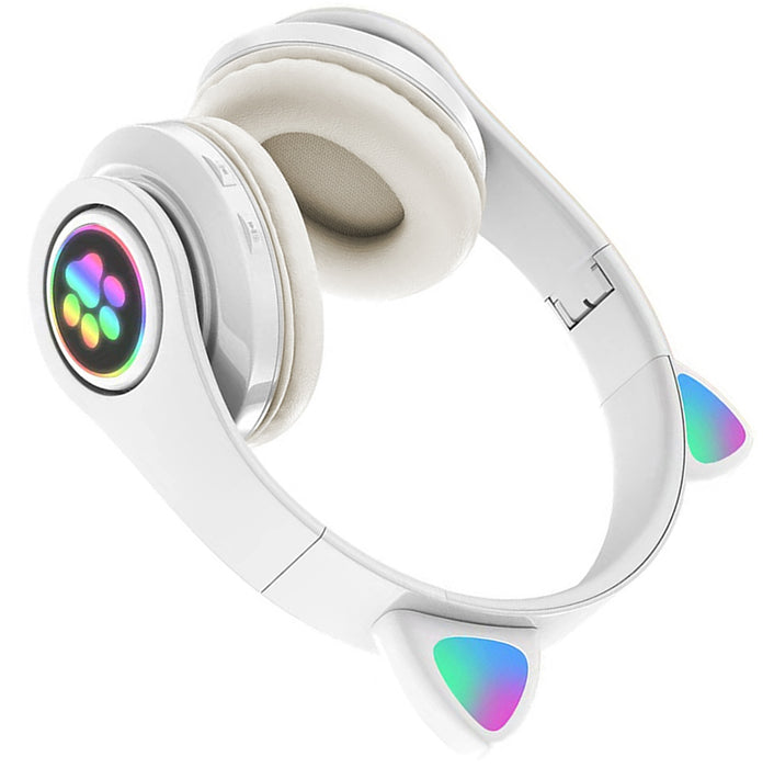 Casti On-Ear bluetooth 5.0, fara fir, cu urechi de pisica si lumina LED RGB, Alb