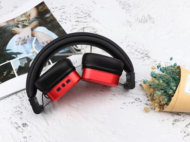 Casti wireless over the ear, HiFi Stereo, efect metalic, pliabile, rosu-negru