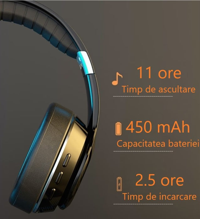 Casti wireless over the ear, pliabile, bluetooth, microfon, autonomie 11h, radio, HiFi, noise canceling, negru