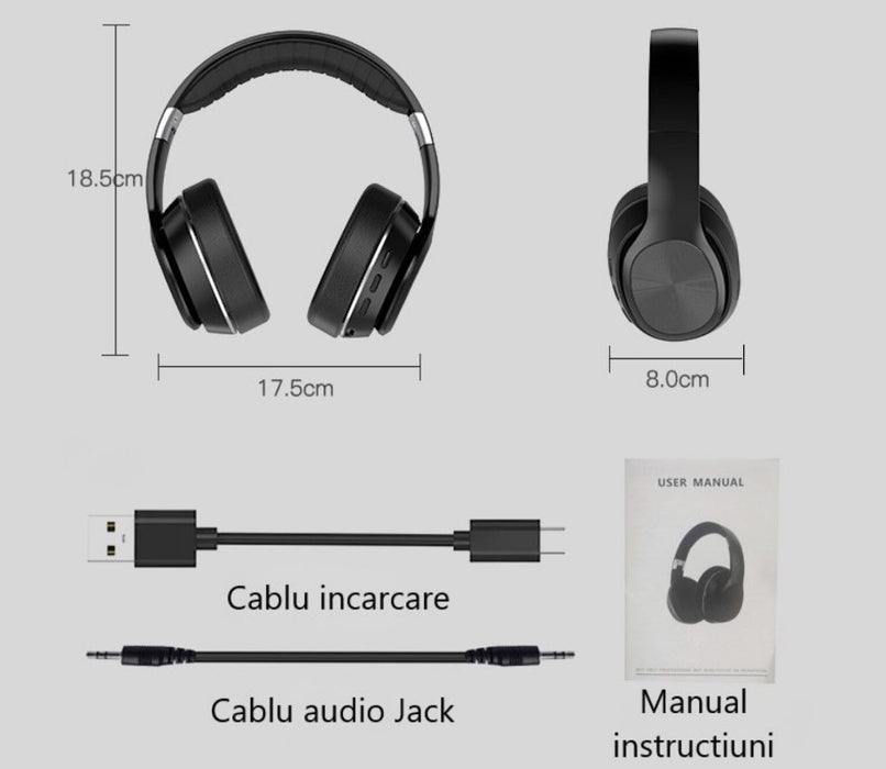 Безжични глави над ухото, сгъваеми, Bluetooth, микрофон, 11H автономия, радио, Hifi, Noise Anceling, Black