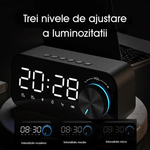 Ceas Digital cu Boxa Bluetooth, Alarma, Slot de Card, Sunet Stereo, Negru