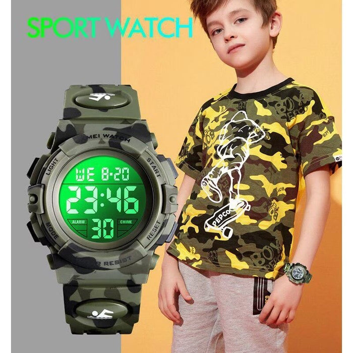 Дигитален часовник за деца, спорт, водоустойчив, осветление на циферблат, зелен камуфлаж