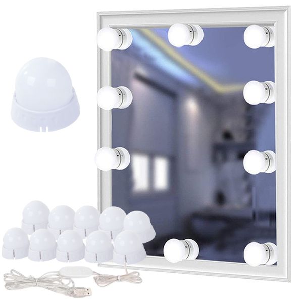 Set 10 becuri LED pentru oglinda cu dimmer, 3 nuante de culoare, prindere cu ventuze sau adeziv