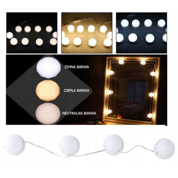 Set 10 becuri LED pentru oglinda cu dimmer, 3 nuante de culoare, prindere cu ventuze sau adeziv