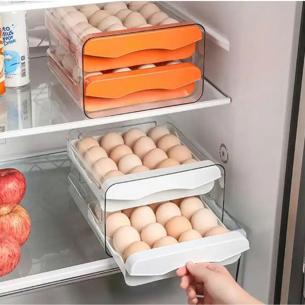 Кутия за съхранение на яйца, капацитет 32 яйца, с 2 чекмеджета, твърда пластмаса, прозрачен