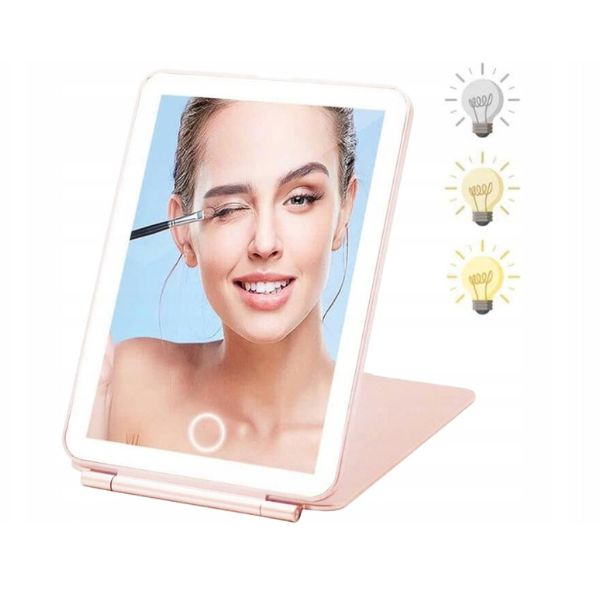 Преносимо козметично огледало с LED осветление, USB, 3 вида светлина, розово