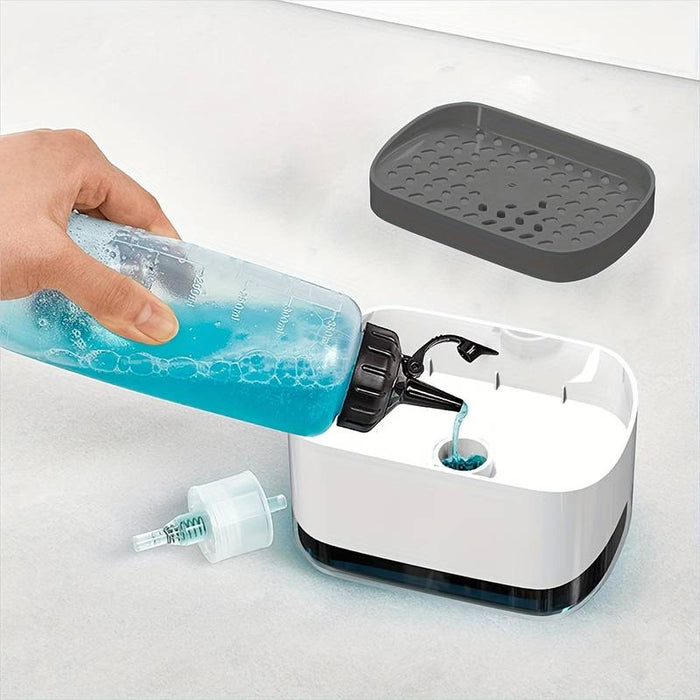 Dozator 2 in 1 pentru detergent lichid de vase, cu spatiu pentru burete, capacitate 350ml, alb cu gri