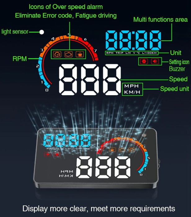 HUD HUD-UP kijelző D2000 5.5 "kijelző, szélvédő kijelzővel, OB2 Jack-rel, sebességjelzővel