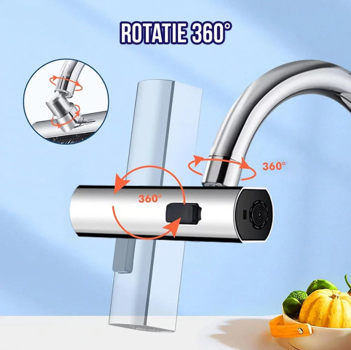 Extensie robinet 3 in 1, 360°, 3 moduri de functionare, cupru, argintiu