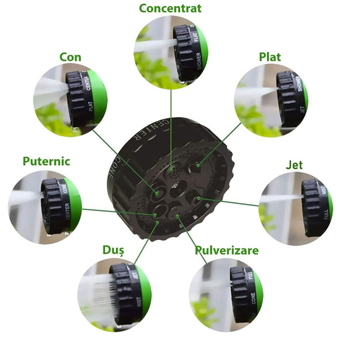 Разширяващ се градински маркуч, дълъг до 60 м, с пистолет със 7 вида струя, с конектори, зелено