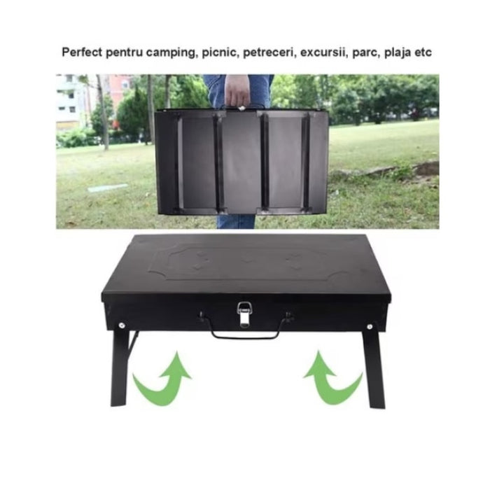 Gratar portabil tip servieta, pentru gradina sau camping, cu accesorii incluse, negru